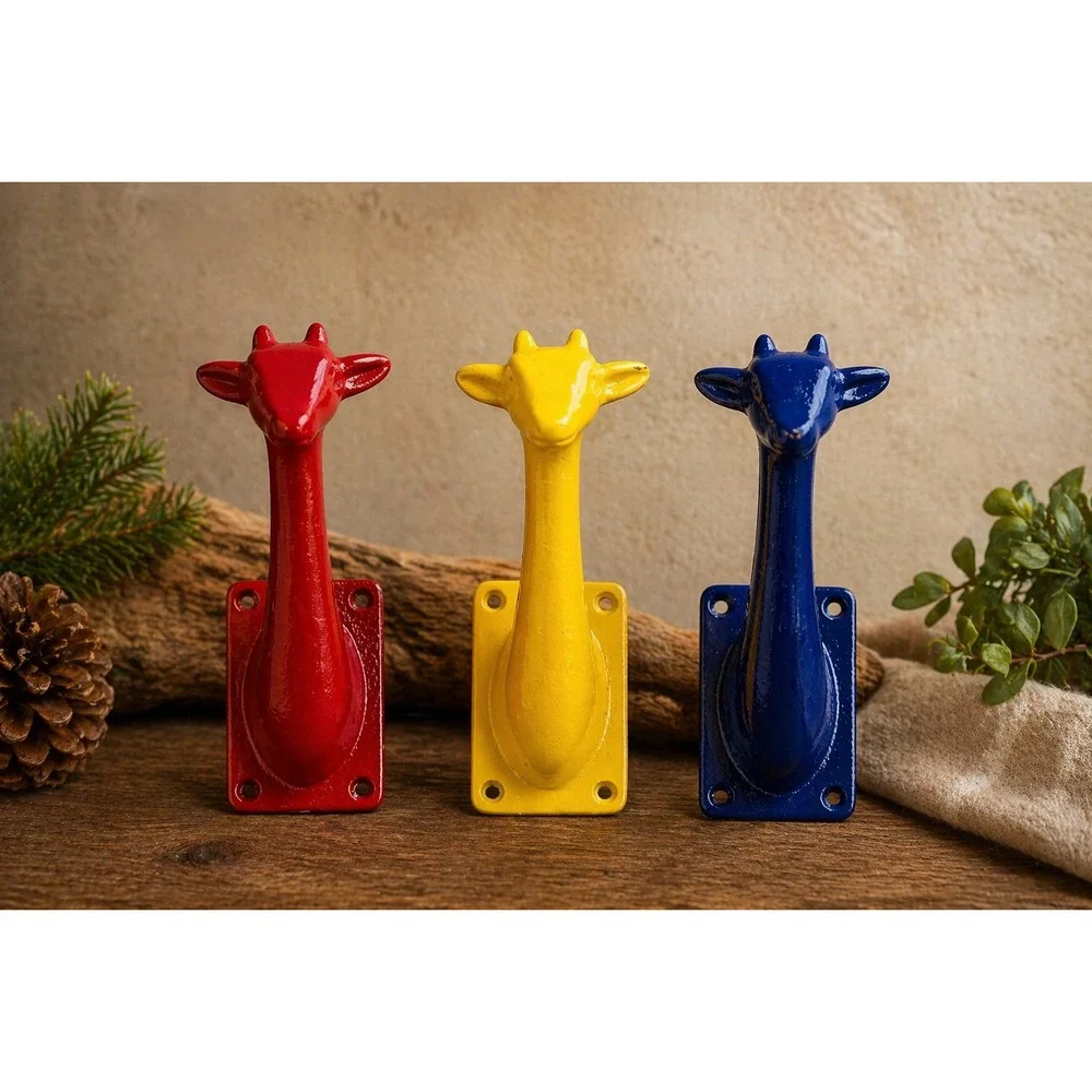 World Market Giraffe Wall Hooks Set of 3 Cast Iron Primary Colors R/ Y/ B